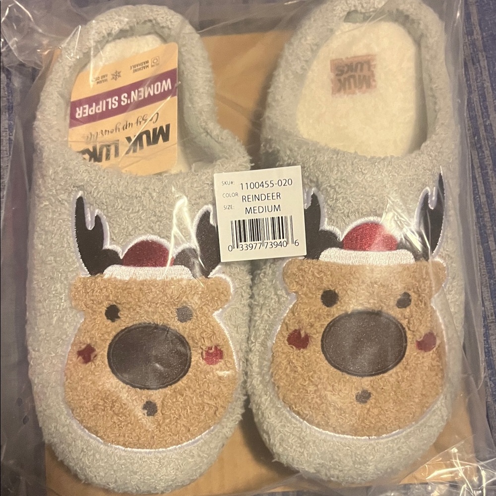 Muk Luks Kids Reindeer Slippers - Gray and Brown